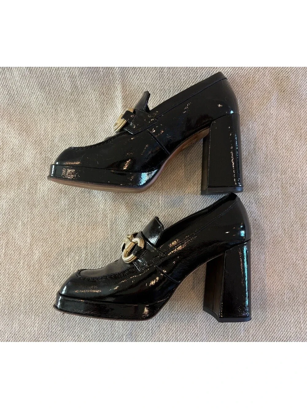 Sole Bliss Genevieve Black Patent Leather Heeled Horsebit Loafers Size 37 US 6